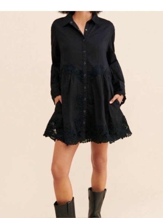 Free People Dresses & Skirts - Free People Black Embroidered tunic Dress boho lace trim button front XS